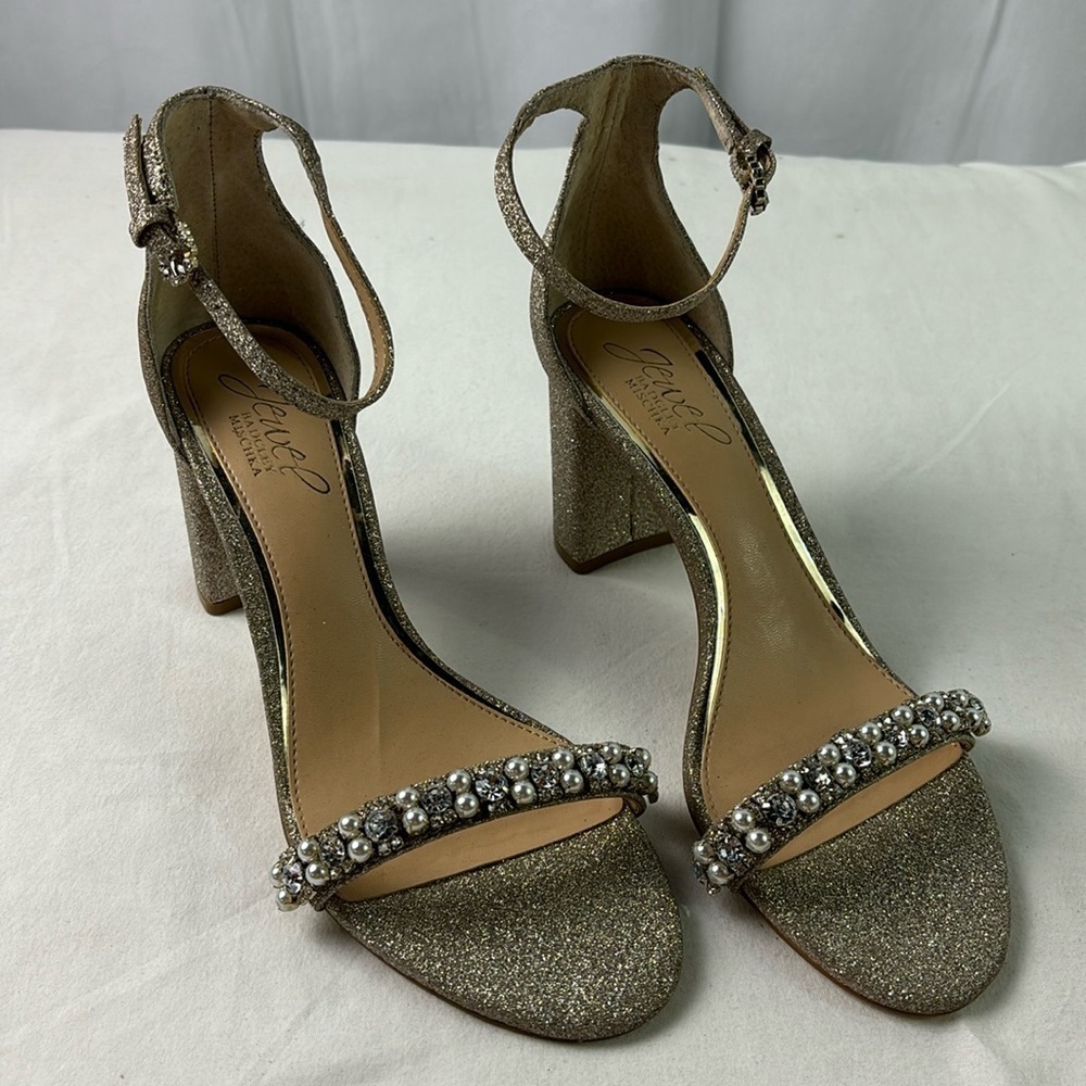 Jewel by Badgley Mischka Women's Gold Glitter Ankle Strap Slingback Heel Size 8M